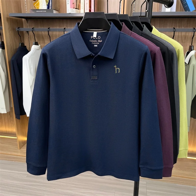 Luxus-Marken-Poloshirt für Herren aus 100% Weicher Baumwolle, Herbst-Neuheit, Einfarbig Bedruckt, Langarm, Revers-T-Shirt, Lässige Business-Herrenbekleidung – Detail 12