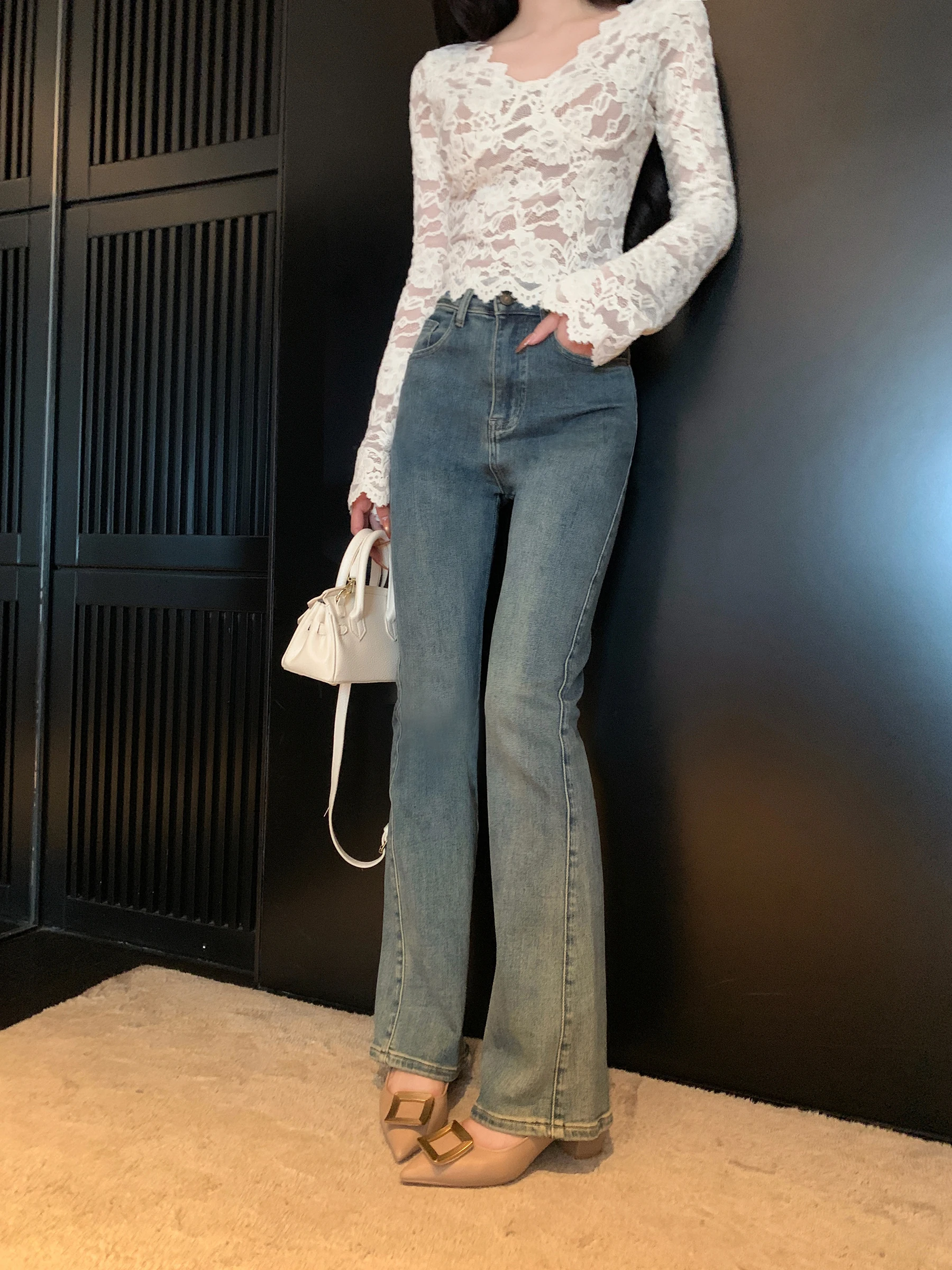 

Женские джинсы-клеш с высокой талией, облегающие, модные, светло-голубые, из денима, весна-осень