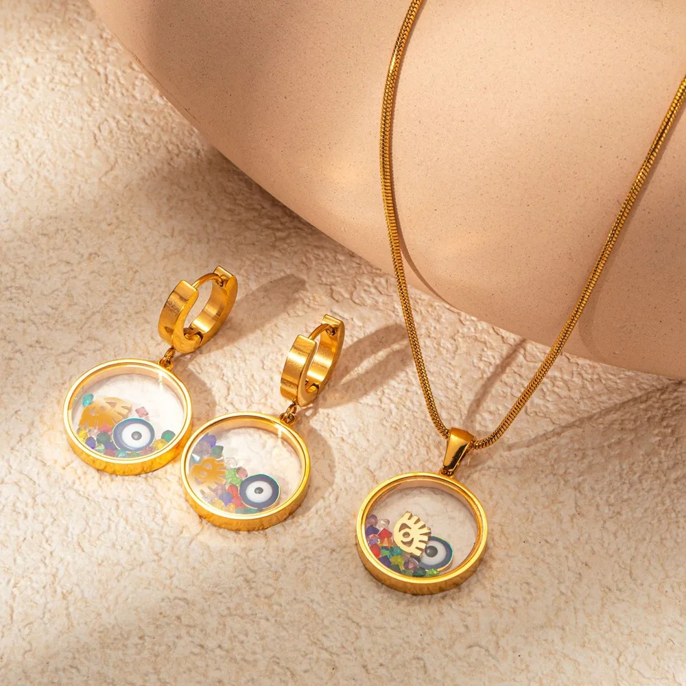 Hollow Out Devil's Eye Pendant Necklace Shaking Flower Demon Eye Dangle Earrings Colorful Transparent