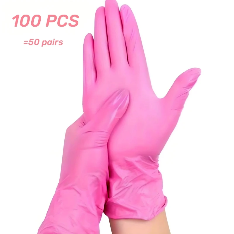 100/50/20PCS Pink Disposable Nitrile Gloves Latex Free Non-Sterile Cleaning Gloves For Home Kitchen Cooking Esthetician Hair Dye