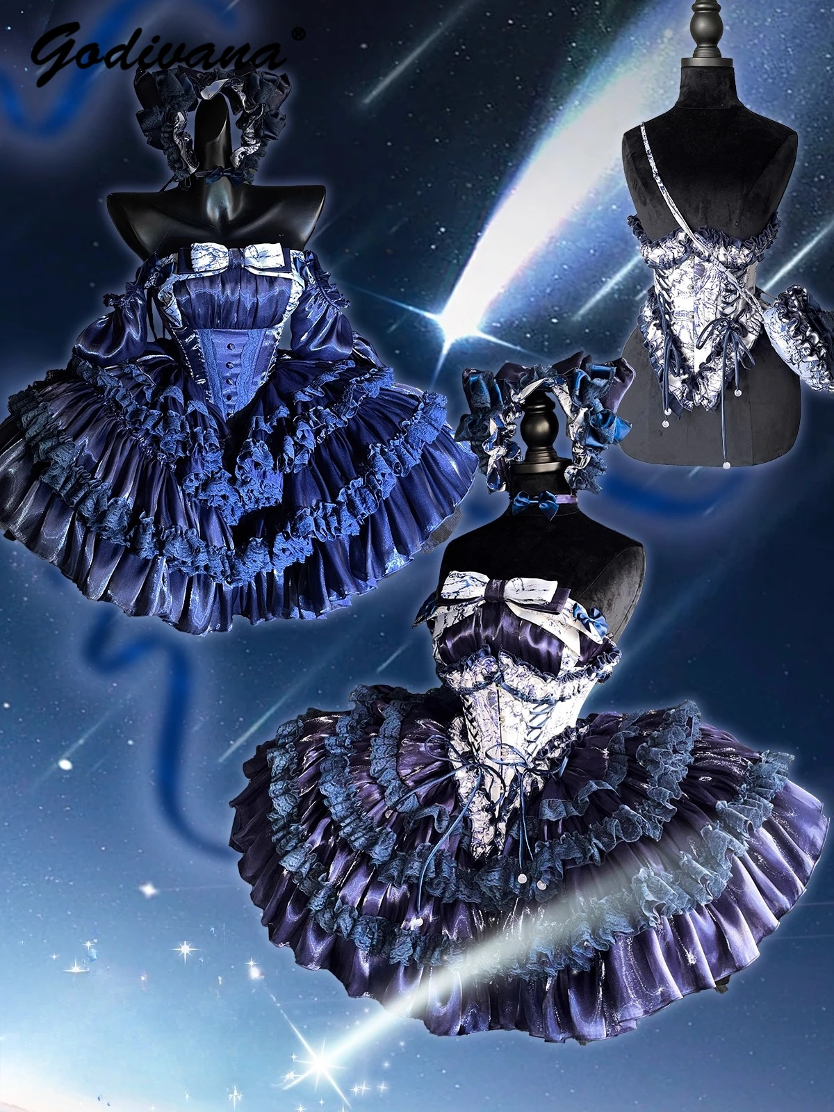 Originele marineblauwe Lolita prinsessenjurk meisjes dames zoete off-shoulder lange mouw slanke verjaardagsfeestje taartjurken - afbeelding 2