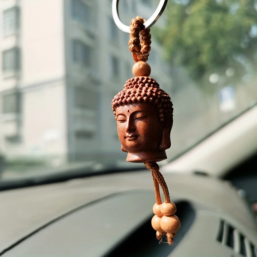 Ethnic Mascot Mahogany Unique Peach Wood Carved The Buddha Head 3D Key Chain Car Key Ring Rings  - Perfect Gift for Any Occasion