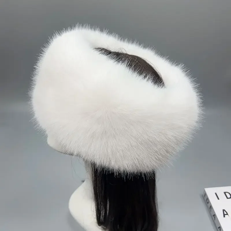 Women's Vintage Open Top Fur Headband Hat Snow Scene Photo Faux Fox Fur Visor Cap EU US