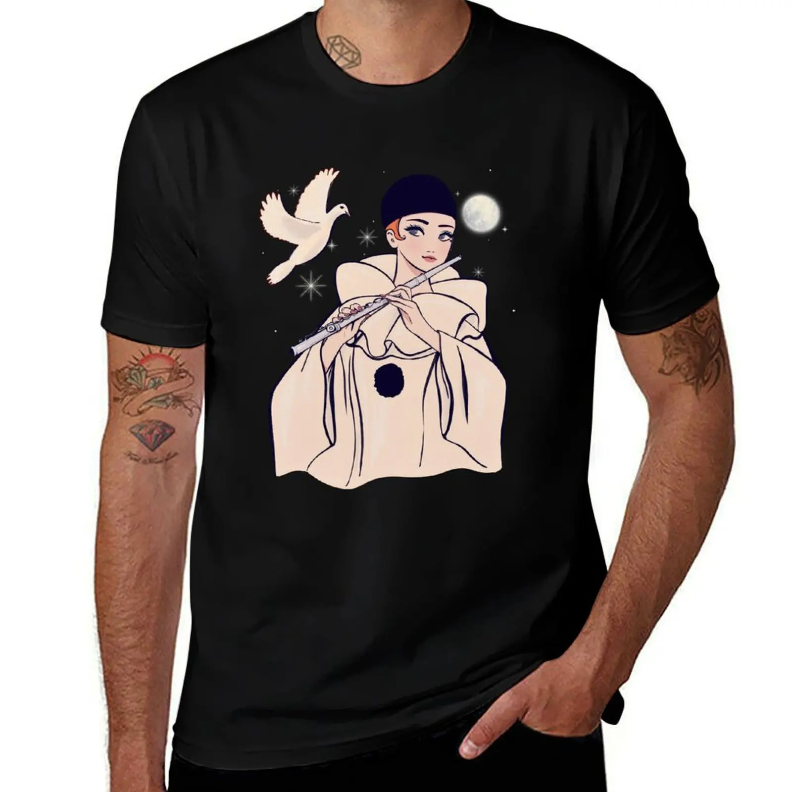Pierrot playing flute T-Shirt Creative Graphic Tee Shirt T-Shirt