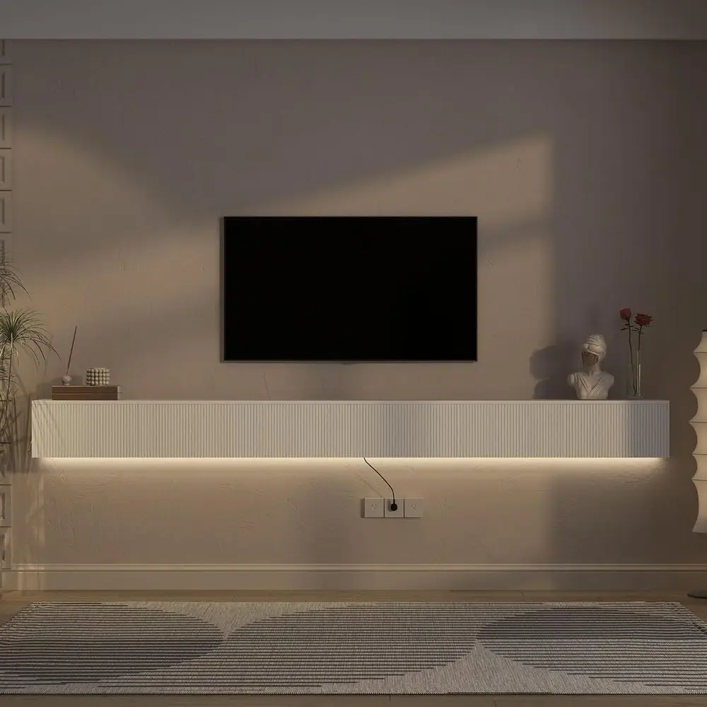 Extra Long 110 Floating TV Stand with RGB LED Backlight, Wall-Mounted Entertainment Center in White with Storage