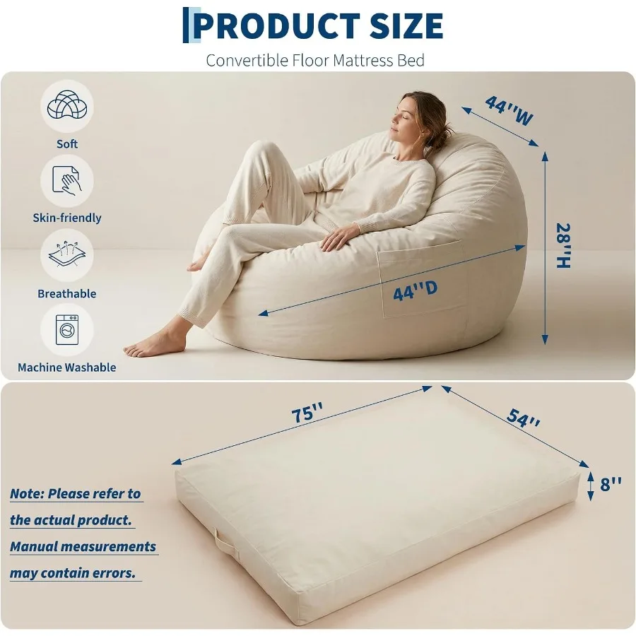 4-in-1 Oversized Memory Foam Bean Bag Sofa Bed 4ft Large Convertible Lounger Soft Removable Washable Velvet Cover Multi-Functio