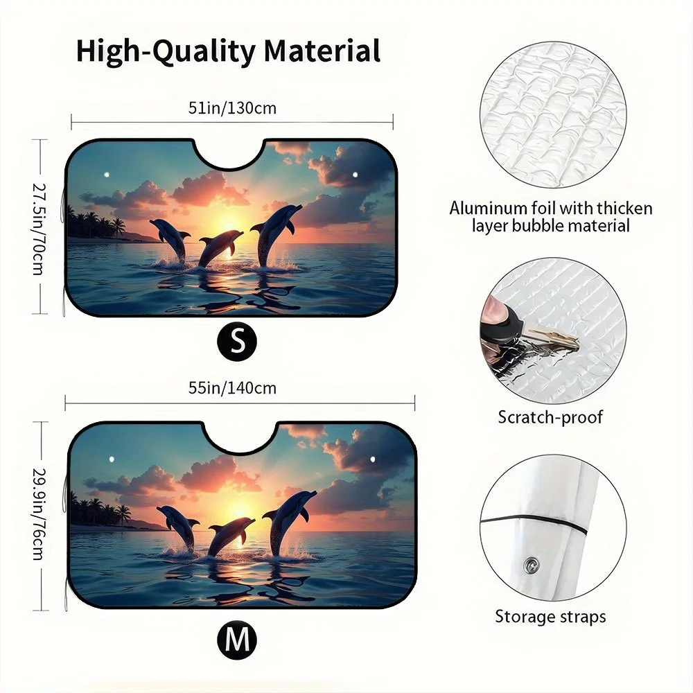 1pc, Folding Sea Moon Dolphins Car Sun Shield, Blue Design, Ray And Heat For Front Window, Ideal For Cars, Trucks, And Ss, Vehic