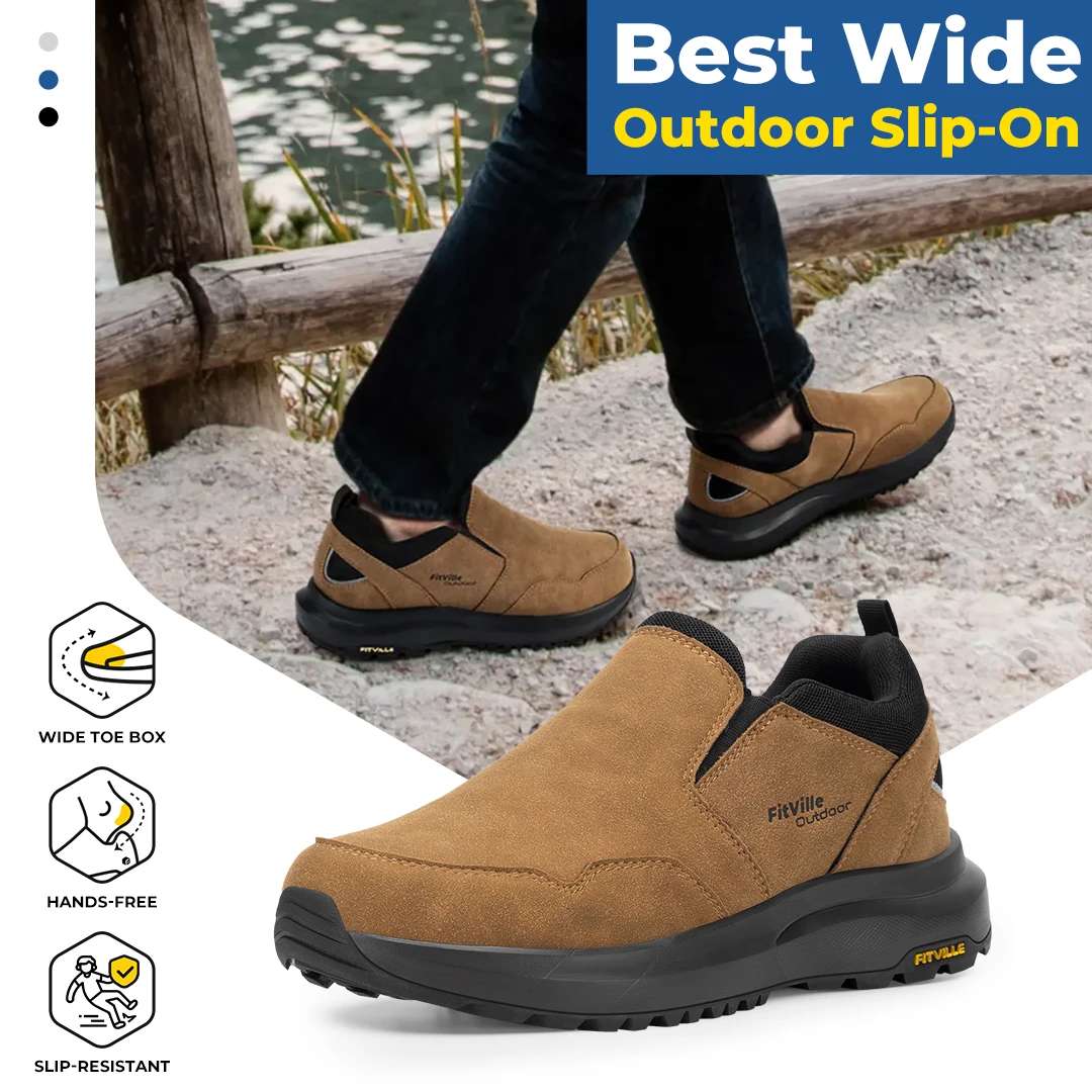 FitVille-zapatos de senderismo anchos para hombre, mocasines cómodos sin cordones para caminar y Trekking, zapatillas con soporte para el arco