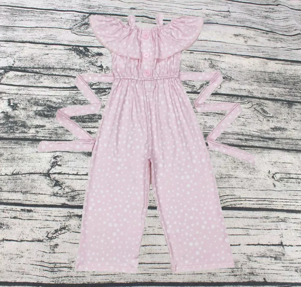 

Wholesale Toddler Children Short Sleeves Kids Pink Pants Infant Overalls Boutique Romper Baby Girl Dots Buttons Ruffle Jumpsuit