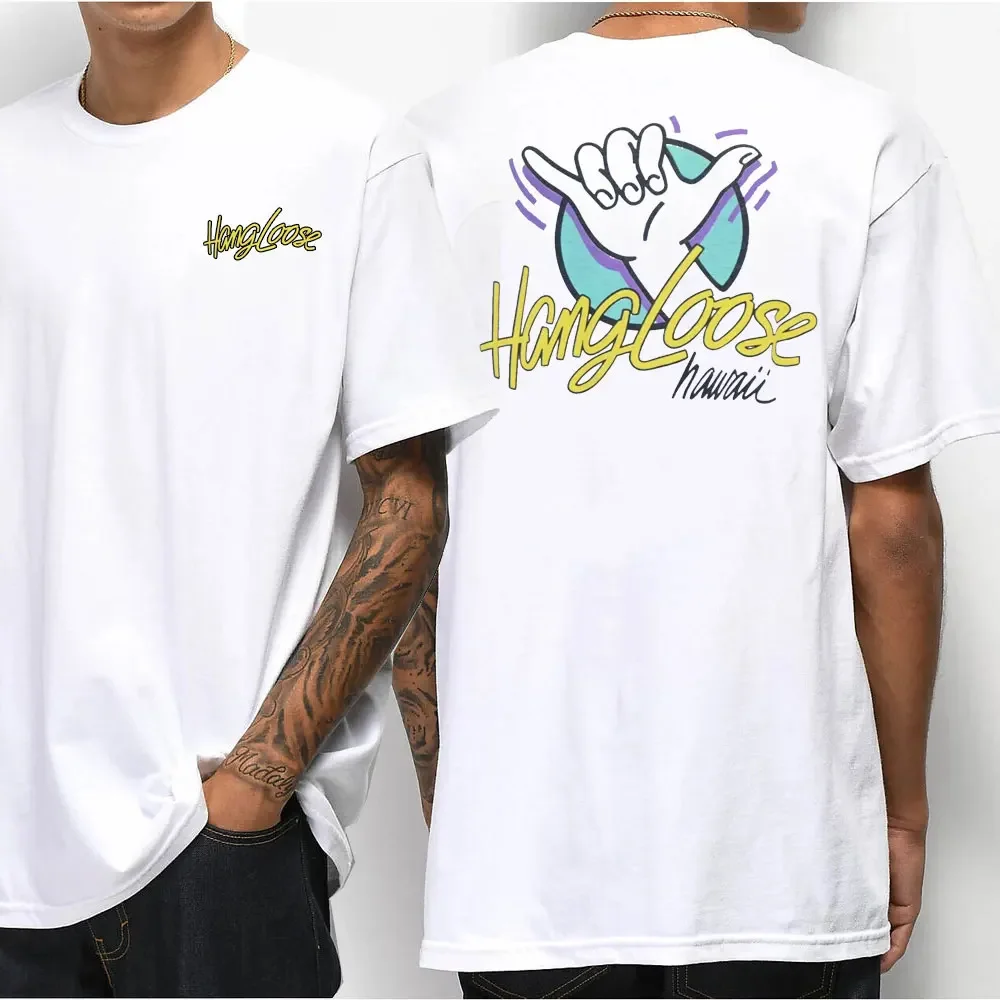 Hawaiian Style Men\'s Casual T-shirt Island Hanging Pine Shaka Surfboard Men\'s and Women\'s White Cotton Tee Retro Beach Surf Tops