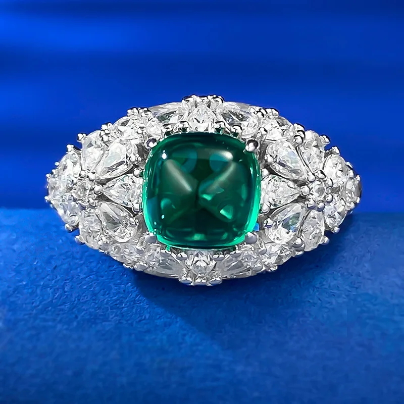 

New S925 Sterling Silver Emerald 7 * 7 Sugar Tower Ring Daily Fashion Rich Women's Hot Selling Jewelry Personality