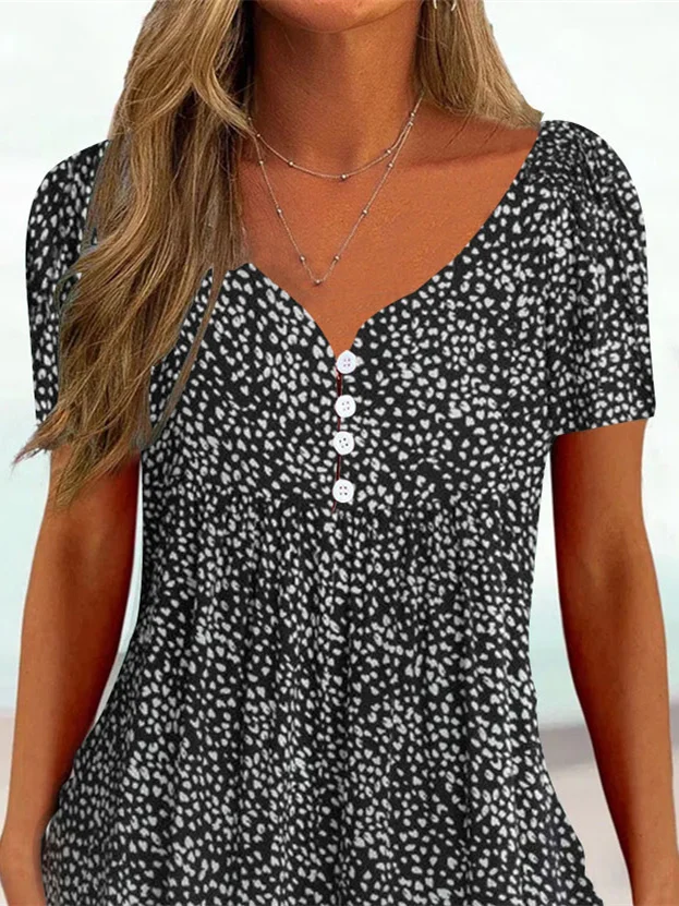 Plus Size Women Short Sleeve V-neck Polka Dot Printed Buttons Tops