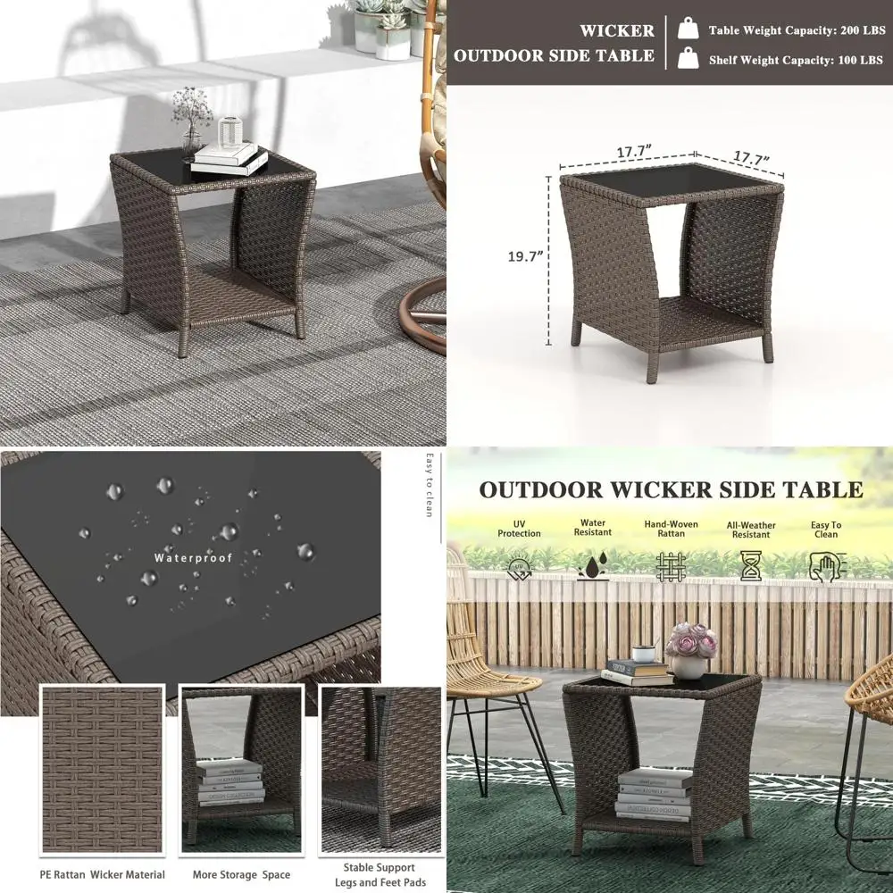 

Плетеный столик для патио с полкой для хранения и столешницей из закаленного стекла, коричневый