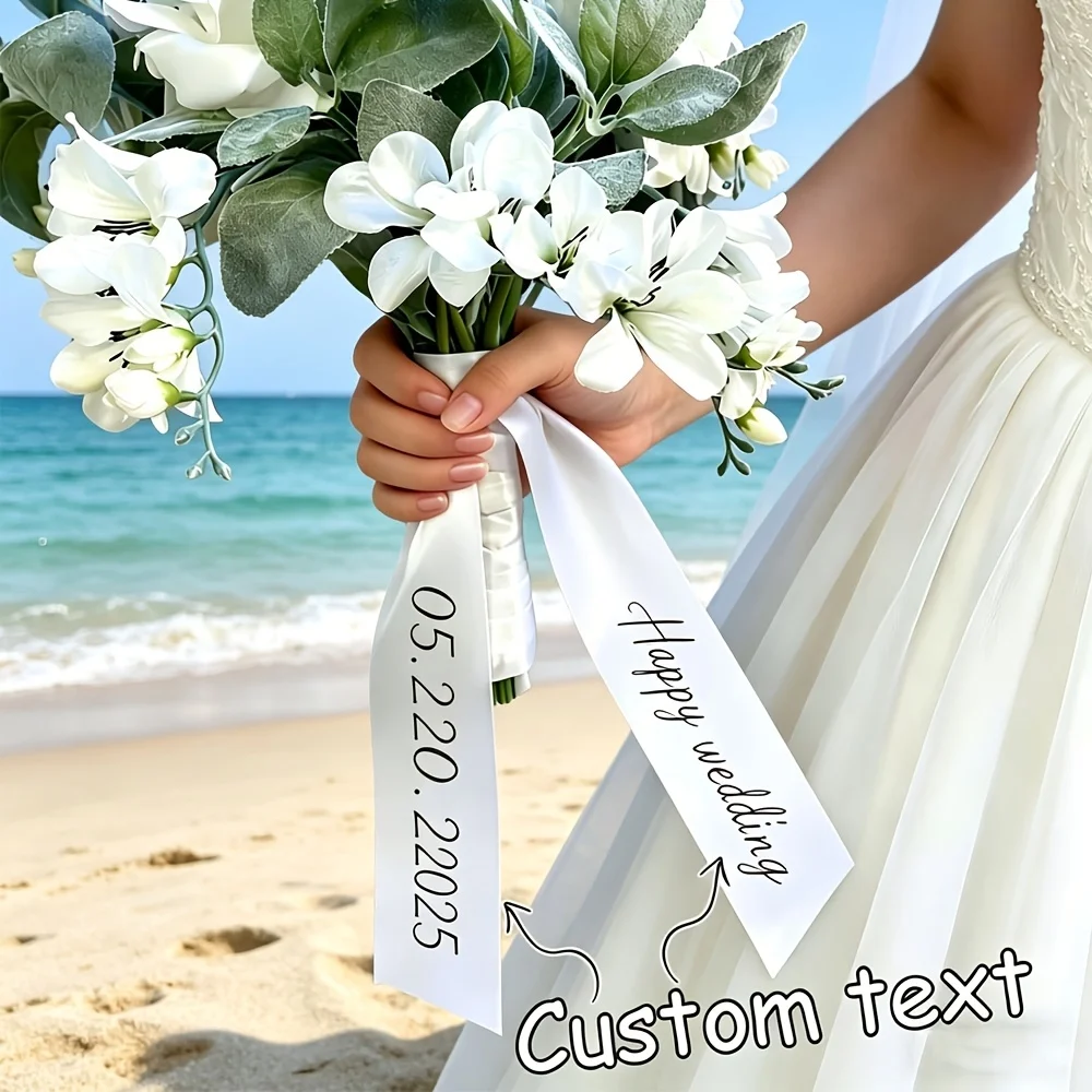 Personalized Custom Text Satin Ribbon Bow,Wedding Bridal Bouquet Ribbon,Custom Printed Name Date Ribbon for Wedding Flower Decor