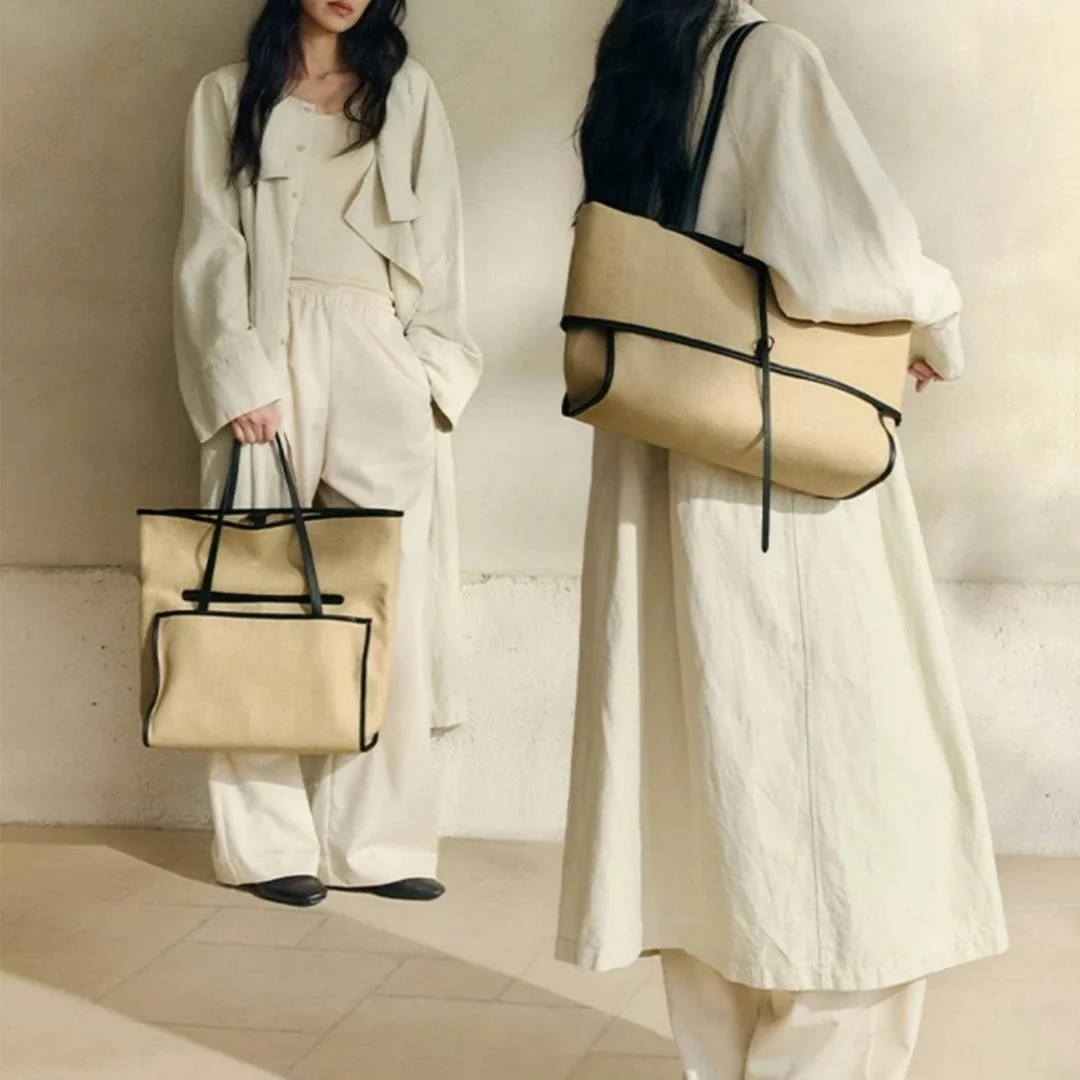 Vintage European Style Linen Canvas Shoulder Tote Bag Contrast Leather Strap Large Capacity Daily Travel Office Handbag