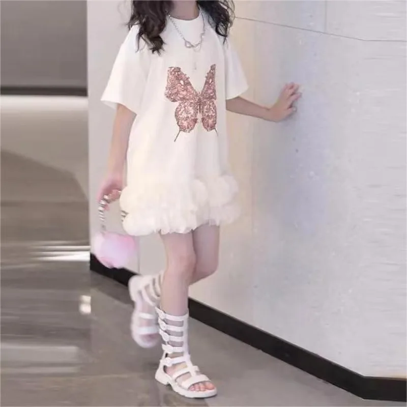 Girl's Sparkling Butterfly T-shirt Skirt 2024 Summer Printed Long Skirt Children's Summer Dress Girls Clothes Vestido Niña image 2