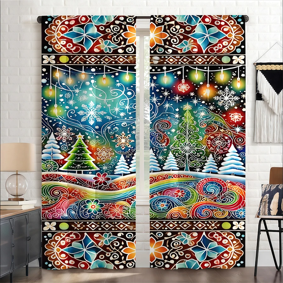 2PCS Christmas Winter Curtains, Colorful Folk Tree, Digital Print, Bedroom Living Room, Rod Pocket, Polyester, Home Decor