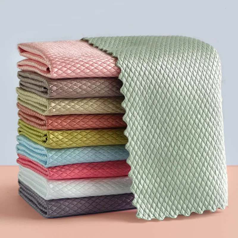 Microfiber Towels Fish Scale Towel Reusable Cloth Anti-Grease Wiping Rags Tableware Wipe Cloth Household Cleaning Cloth Tools