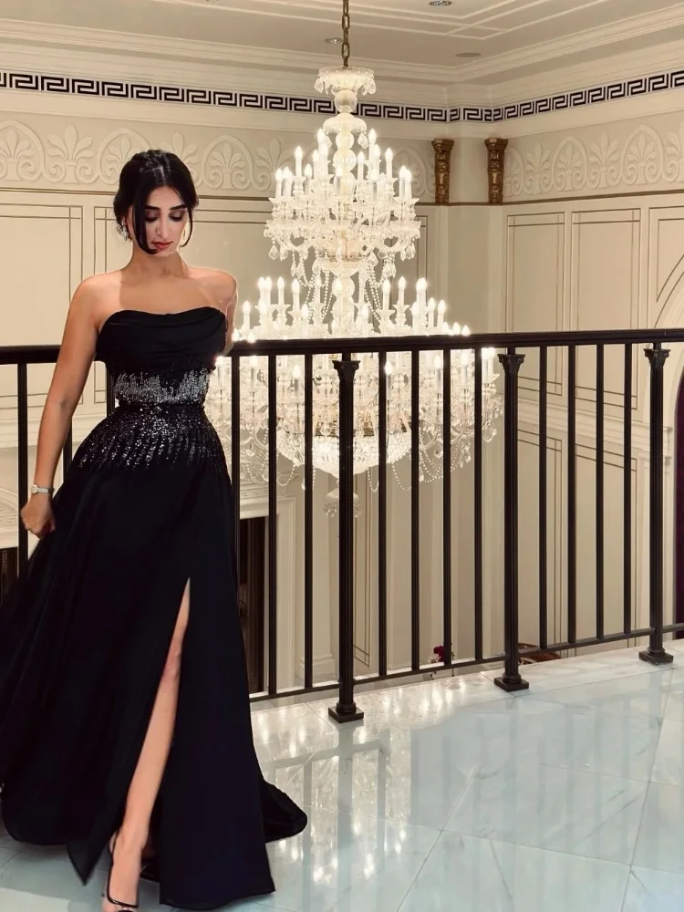 Formal occasions strapless A-line high slit ball dress satin floor sweeping side slit evening dress custom dress 2024