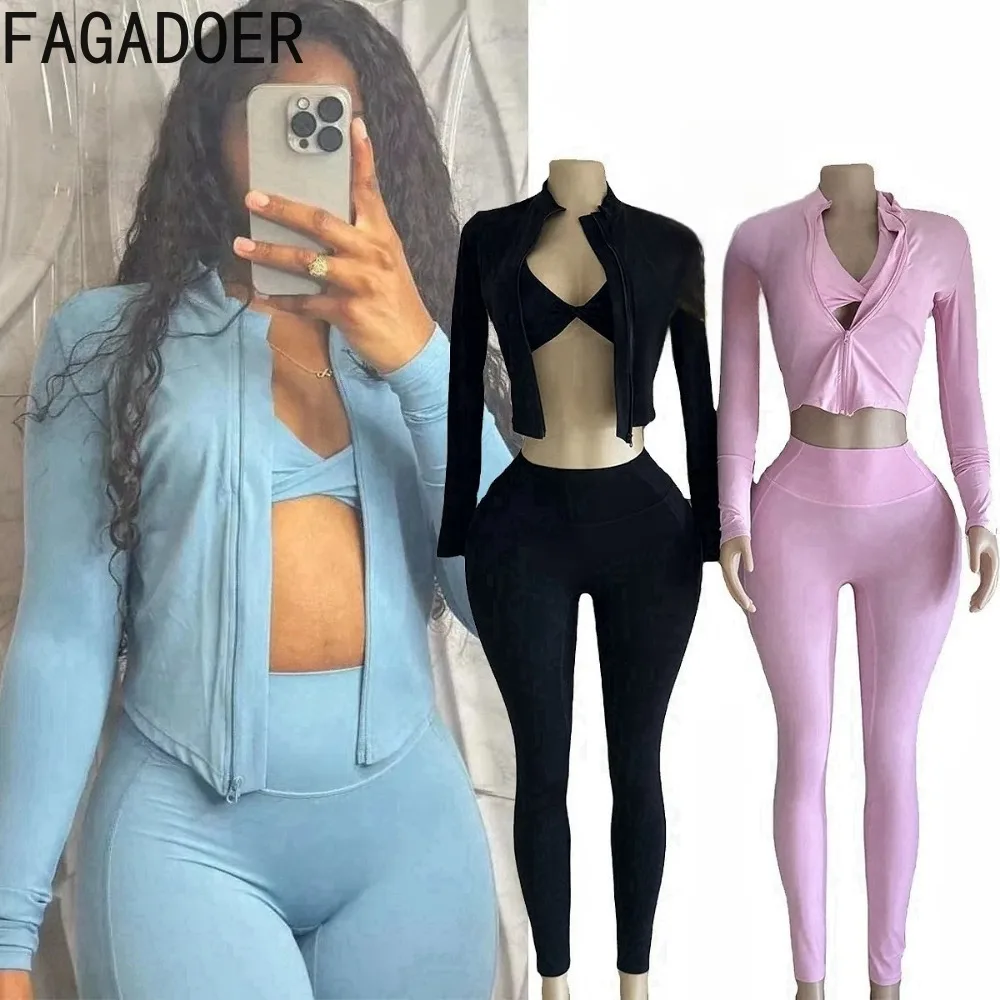 

FAGADOER Autumn Sporty 3pcs Sets Outfits Women Candy Color High Quality Stretchy Workout Street Wear Vest+Coat+leggings Suits