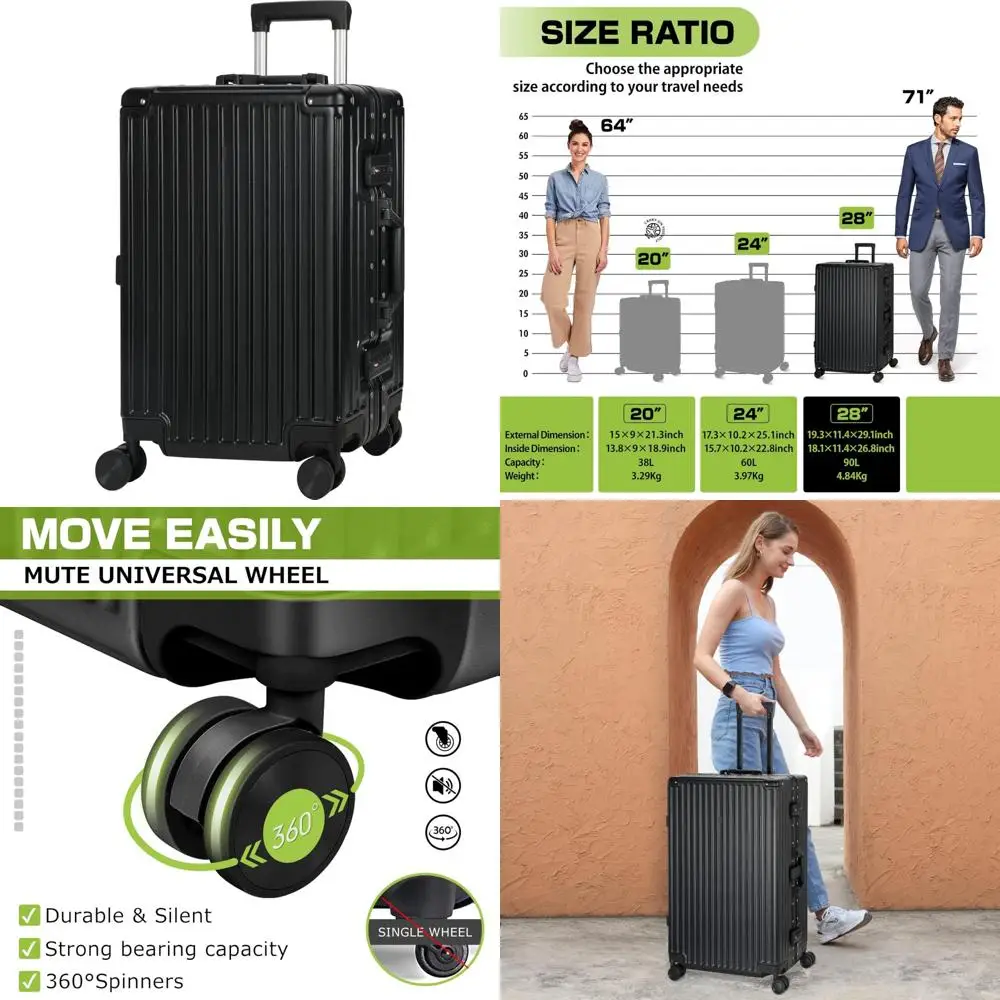 

Чемодан для багажа с алюминиевой рамой и твердым корпусом TSA Lock, 28 дюймов, черный, без молнии для безопасных путешествий