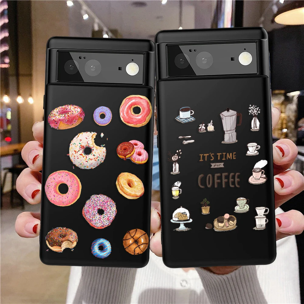 Donut Coffee Case for Google Pixel 8 Pro 7a 7Pro 7 6a 6 6Pro 5 5a 5G 4 2 3 3a 4a XL Black Soft Silicone Back Shell Cover Carcasa