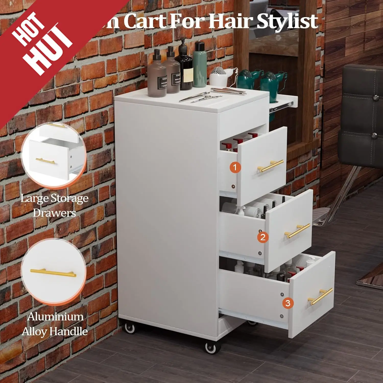 عربة عربة صالون مع عجلات، خزانة خشبية لتخزين الشعر، عربة تصفيف الشعر المتنقلة