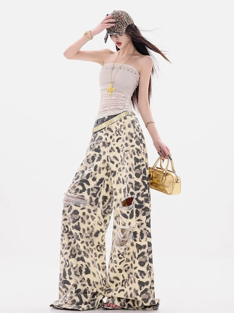 ارتفاع الخصر ممزق هول سليم امرأة الجينز Y2K الأمريكية الرجعية ليوبارد النساء الجينز جديد عادية فضفاض بنطال ذو قصة أرجل واسعة الإناث شيكلي