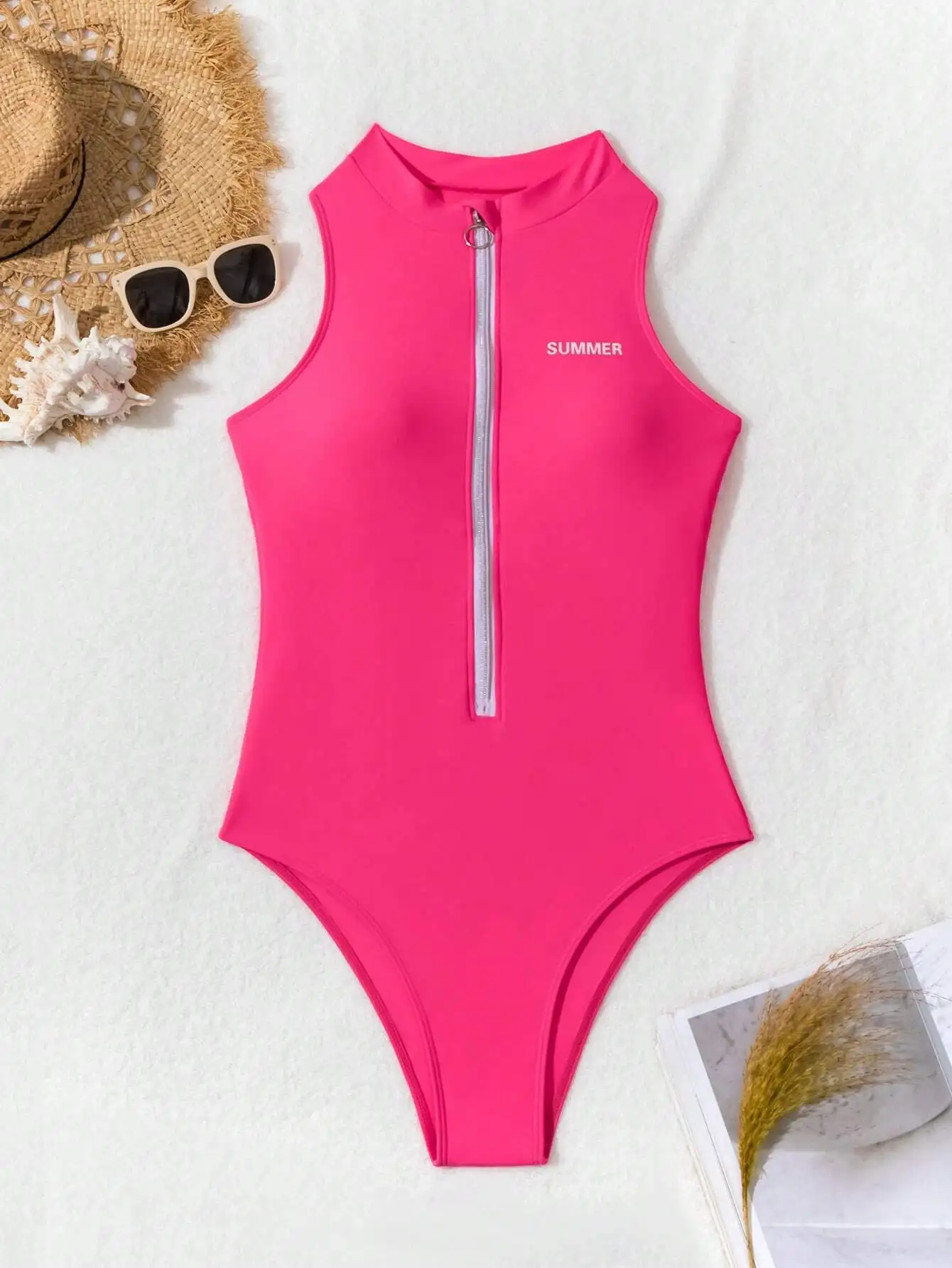 

Розовый слитный купальник с высоким воротником, серебряной молнией спереди и вышивкой «Лето» для женщин