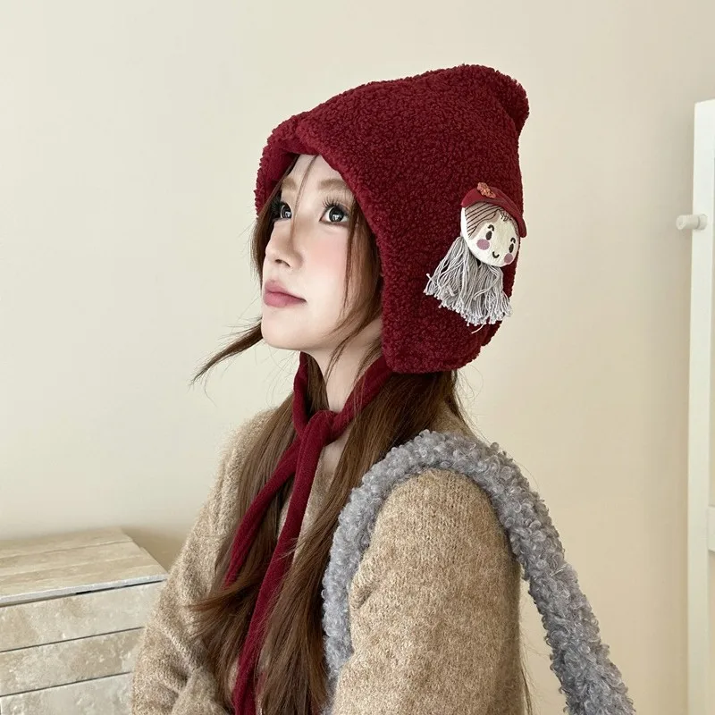 

Japanese Sweet Cartoon Decorative Ear Protector Pullover Hat Women Winter Cute Lamb Wool Warm Lace-up Pointed Top Bomber Hats