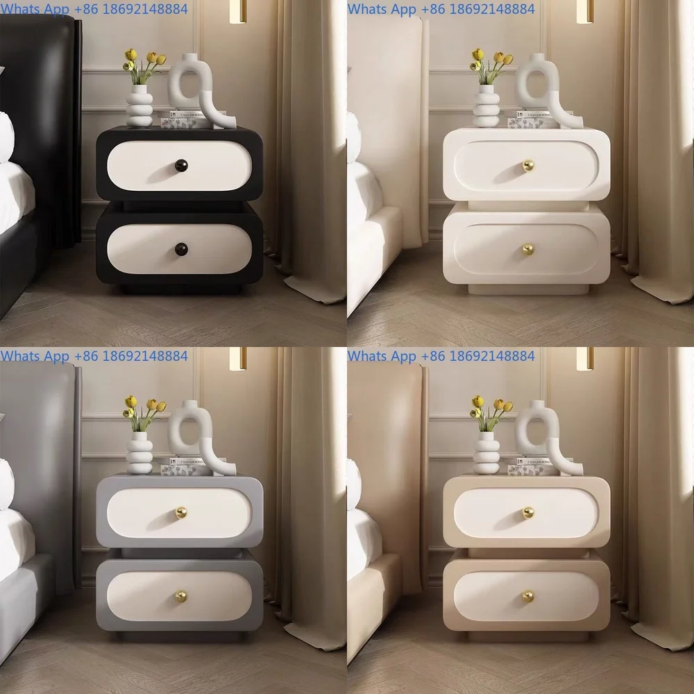 

Minimalist Solid Wood Nightstand Modern Cream Style Storage Cabinet Black Leather Side Table
