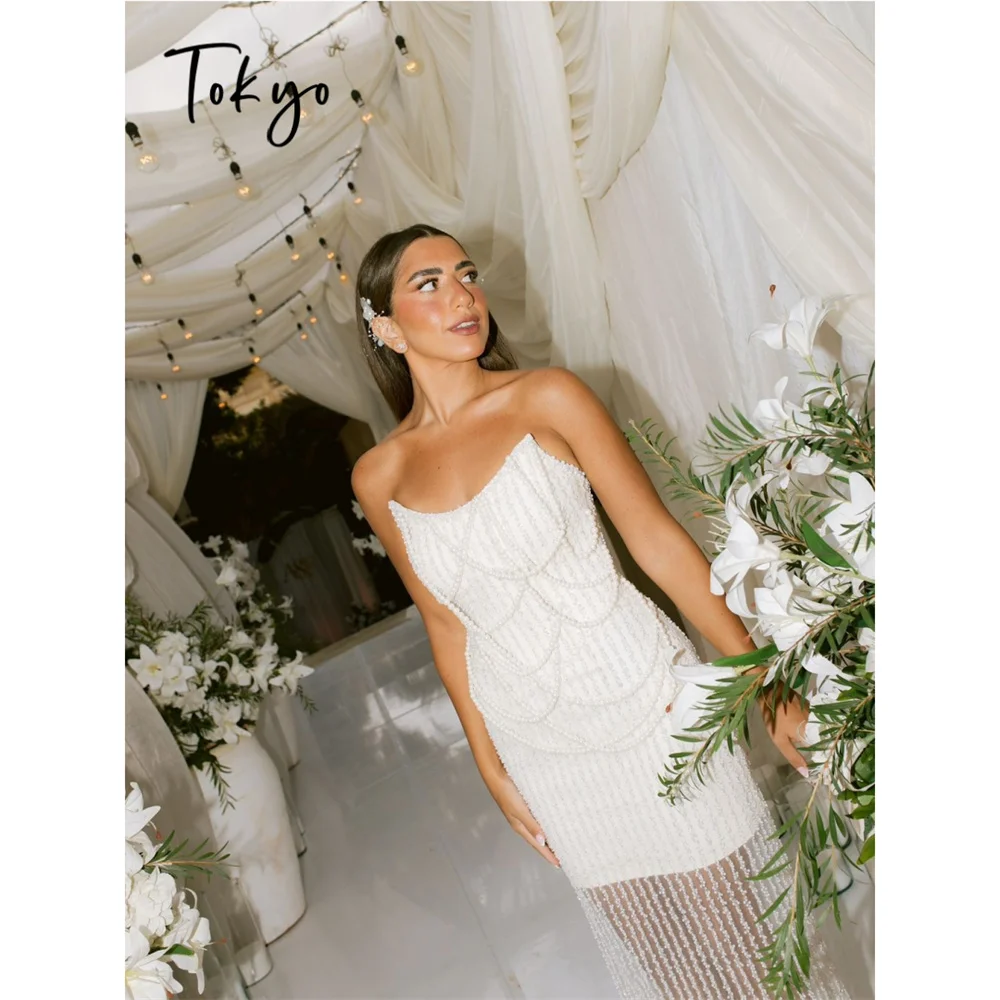 

Tokyo Pearl Beading Mesh Fringe Bridal Reception Dress Sexy Strapless Backless Prom Gown Luxury Sequin Elegant Gala Evening Dres