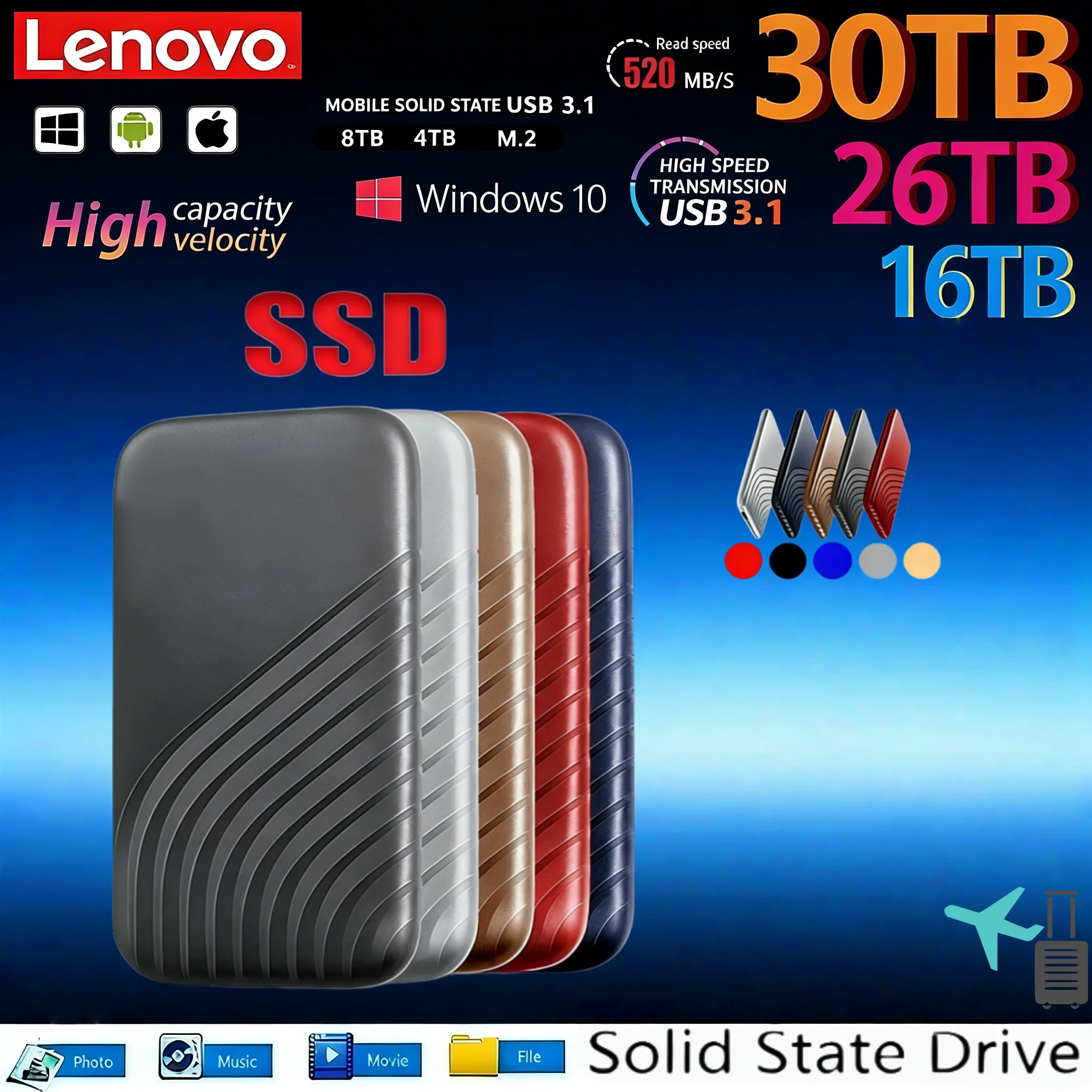 

Внешний SSD-накопитель Lenovo 2 ТБ, 4 ТБ, 8 ТБ, USB 3.1 Type-C, высокоскоростной портативный флеш-накопитель для ноутбука