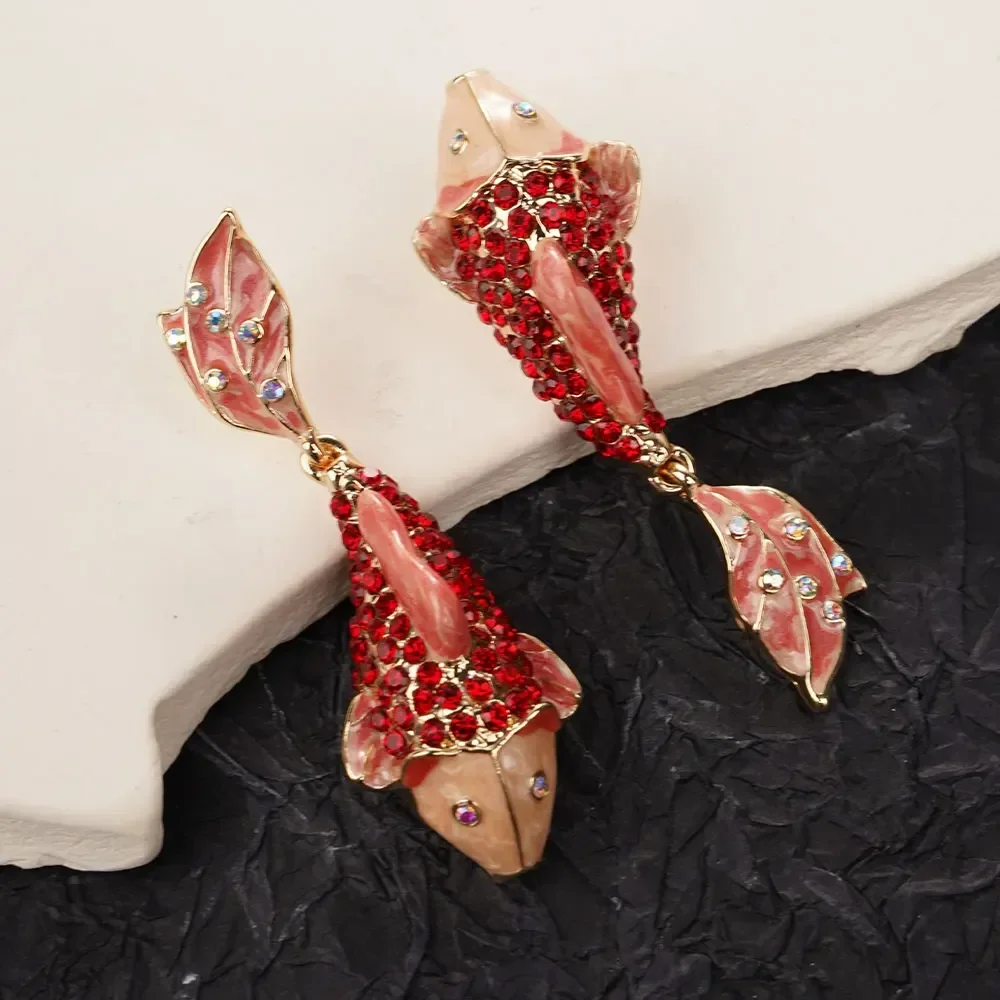 

Red Koi Earrings Print Asymmetric Goldfish Vintage Cute Metal Carp Dolphin Dangle Oriental Women Cartoon Stereoscopic Jewelry