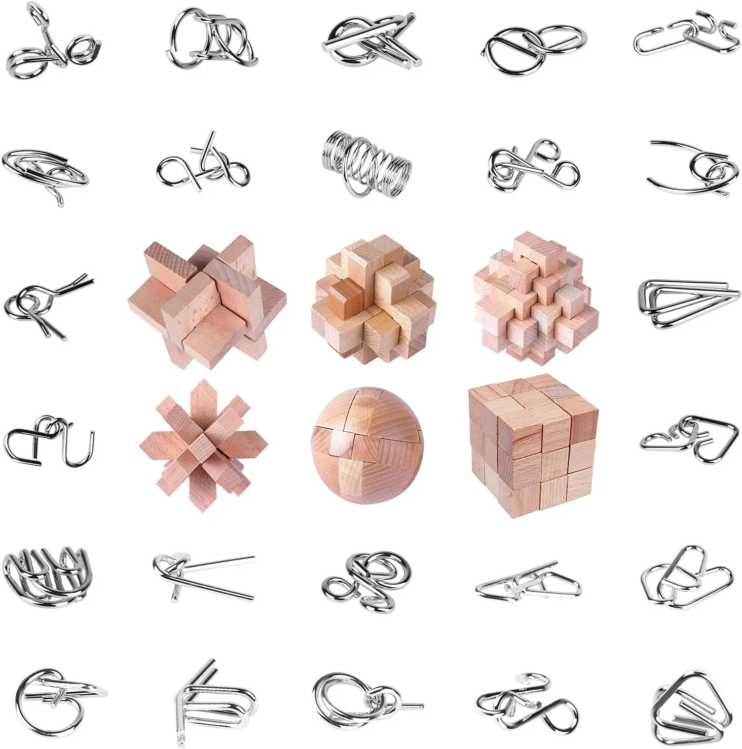 

30Pcs Brain Teaser Puzzles Games Educational Toys Mind Wooden and Metal 3D Puzzles Unlock Interlock IQ Box