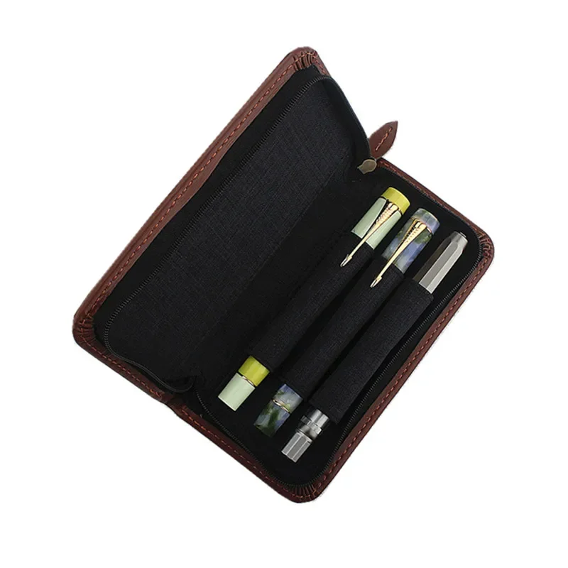 

3 Slots Handmade PU Leather Fountain Pen Case, Rollerball Pen/ Pencil Holder, Zippered Pen Pouch