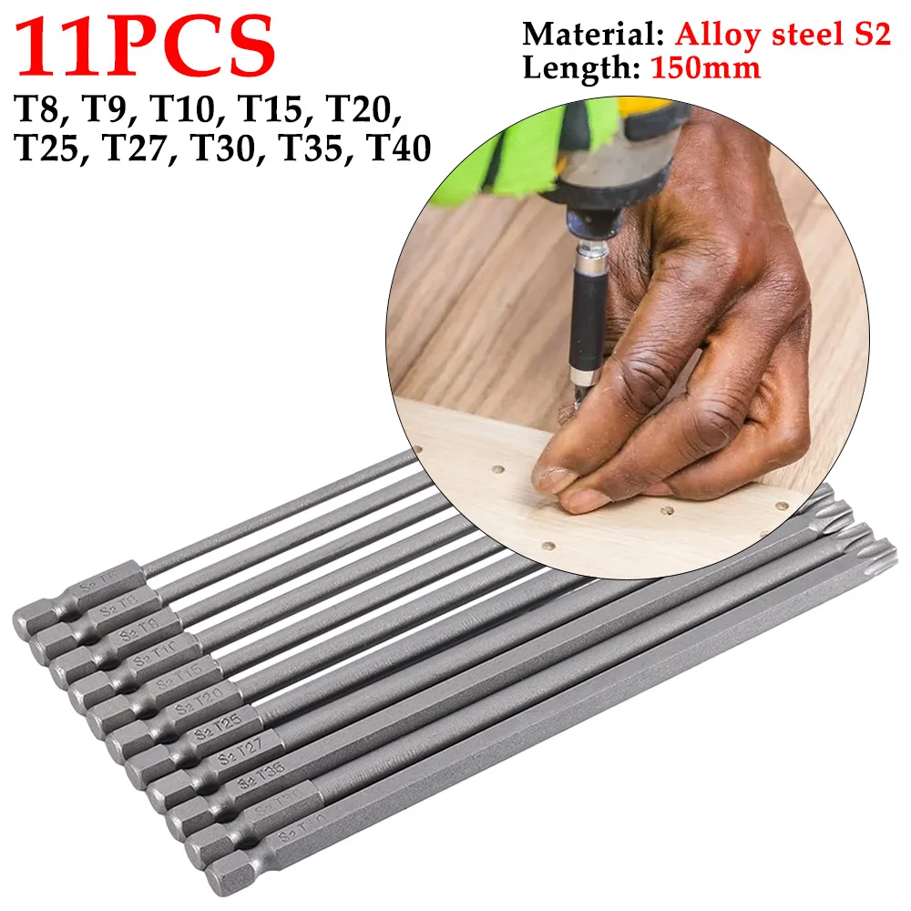 11Pcs 150mm Hex Shrank Torx Screwdriver Bits Set Alloy Steel Shrank Power Hand Tool Sandblasted Combination