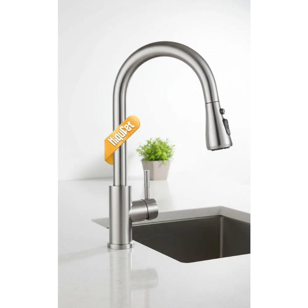 

High Arc Pull Down Kitchen Faucet, Brushed Nickel Single Handle Sink Sprayer for Modern RV Farmhouse