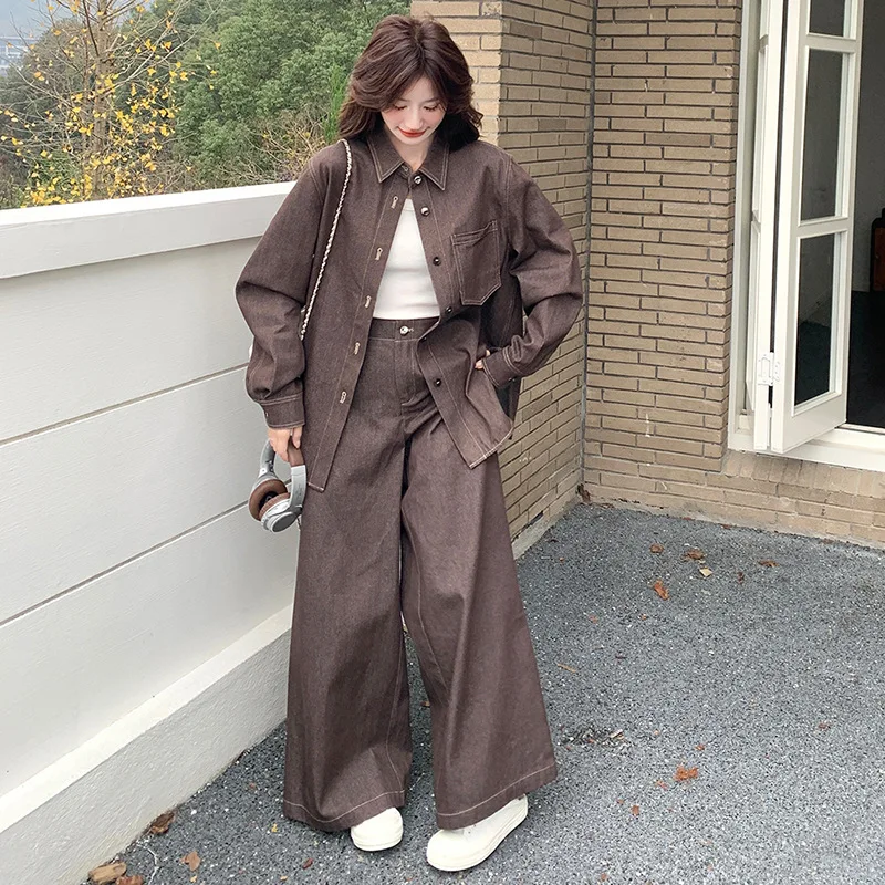 Traje vaquero informal de café para mujer, abrigo dulce, pantalones de pierna ancha de cintura alta, traje de dos piezas, primavera 2025