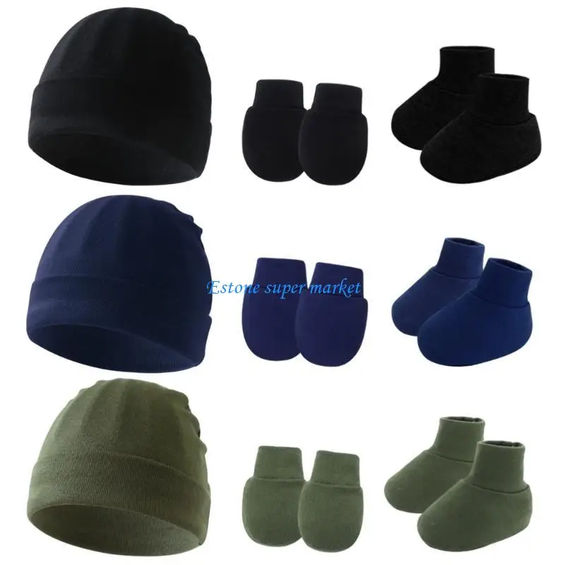 

090B Snuggle Safe Baby Gear Not Irritating Hat with Mittens & Booties Infant Protections set Soft Adjustable Hat for Newborns
