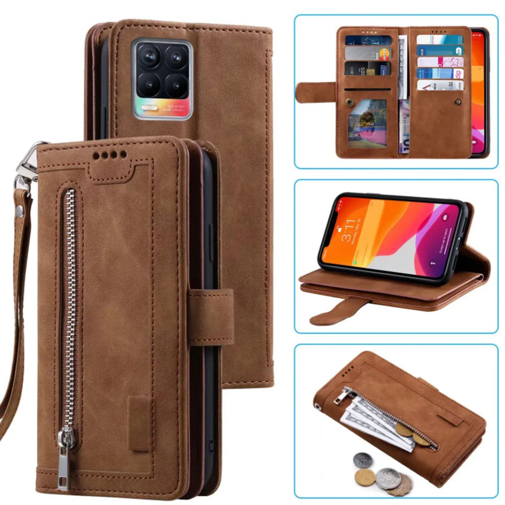 9 Cards Wallet Case for Realme 8 4G Case Card Slot Zipper Flip Folio with Wrist Strap Carnival for Realme 8 Pro Cover