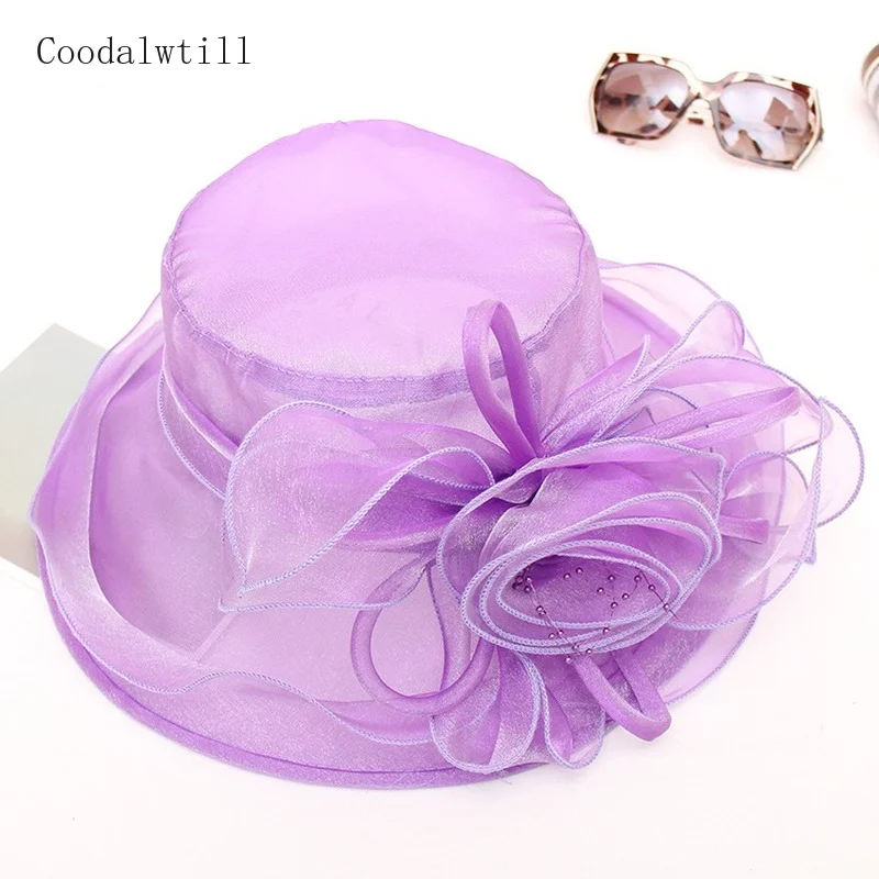 New Women Elegant Summer Organza Hat Bow Flower Sun Hat Wide Brim Fascinator Wedding Headwear Female Derby Travel Event Chapeau