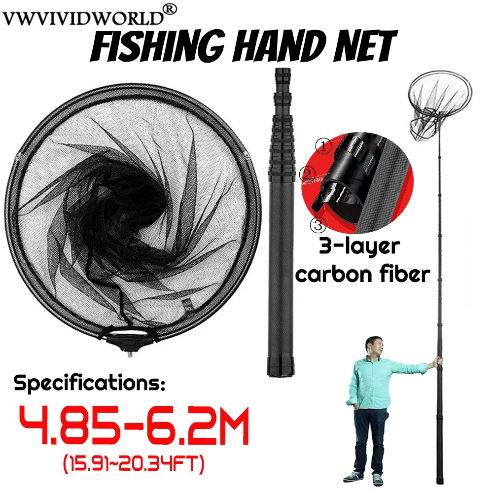 

4.85-6.2m Portable Carbon Fishing Net， Fishing Land Hand Net ，Foldable Collapsible Telescopic Pole Handle Fishing Tackle