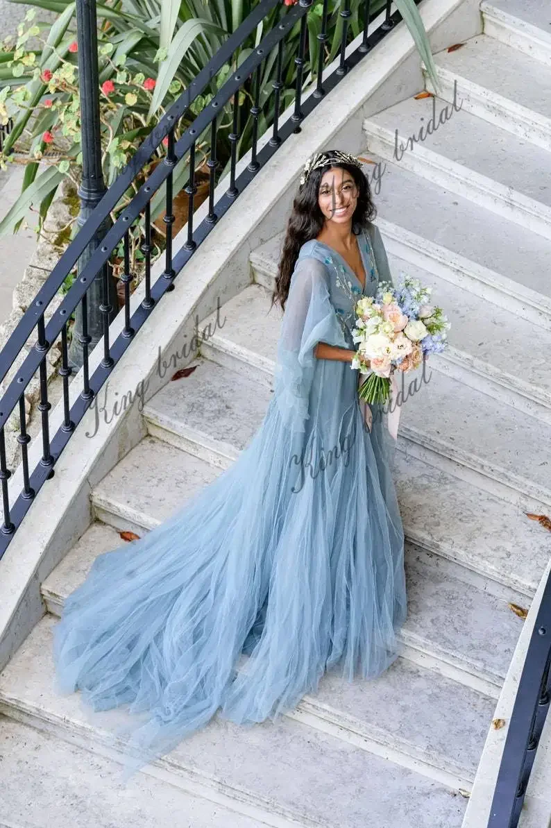 Full Gown Airy Sleeves Bridal Simple Wedding Party Dresses Ethereal Wedding Dresses Pale Dark Blue Wedding Gown