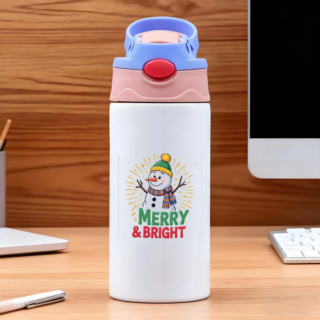 304 كوب معزول من الفولاذ المقاوم للصدأ + كوب امتصاص للأطفال إصدار رجل الثلج الكرتوني عيد ميلاد سعيد ومشرق هدية السنة الجديدة