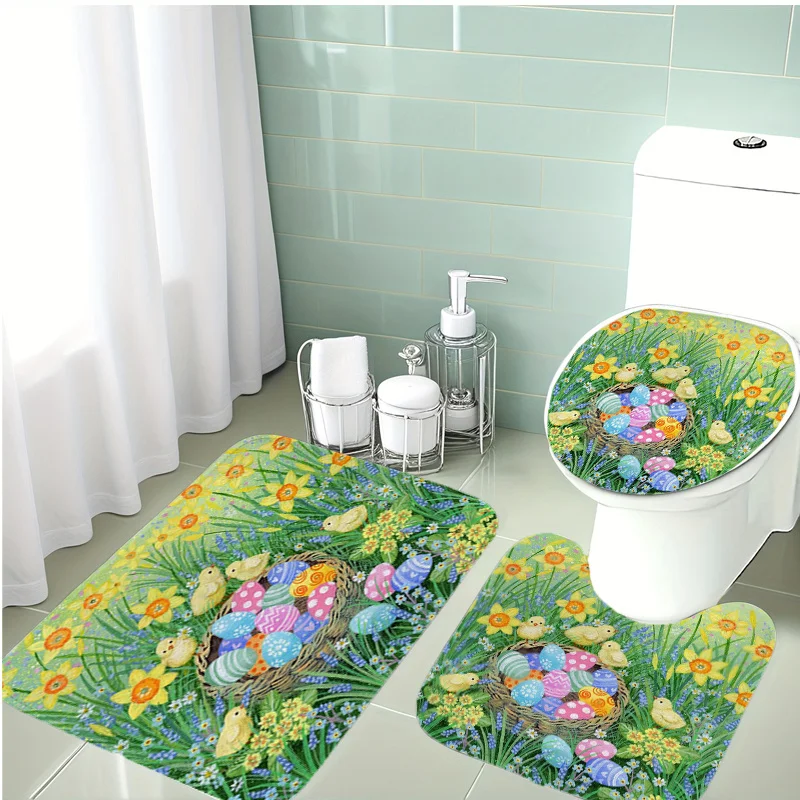 

3pcs Easter Egg Floral Bath Mat Set Yellow Daffodils NonSlip Soft Flannel Rug Toilet Lid Cover U-Shaped Mat Spring Holiday Decor