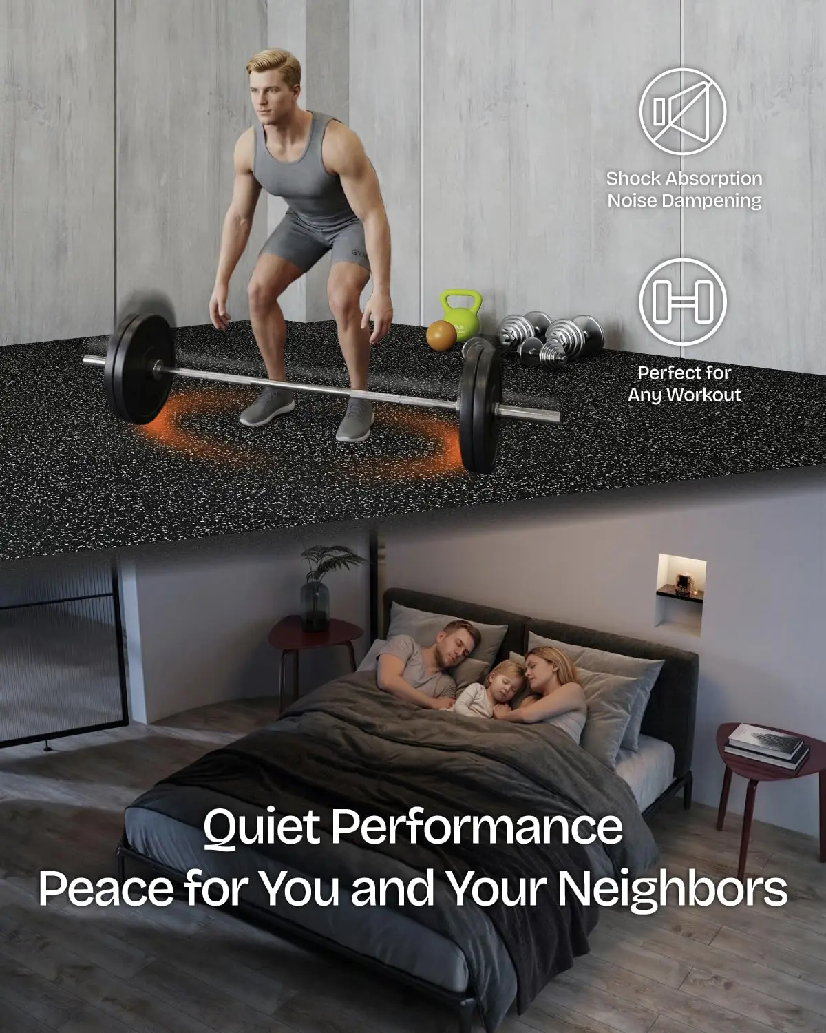 0.6in Thick 96 Sq.Ft Gym Flooring Set, 24 Tiles Rubber Top & EVA Foam for Home Gym, Custom