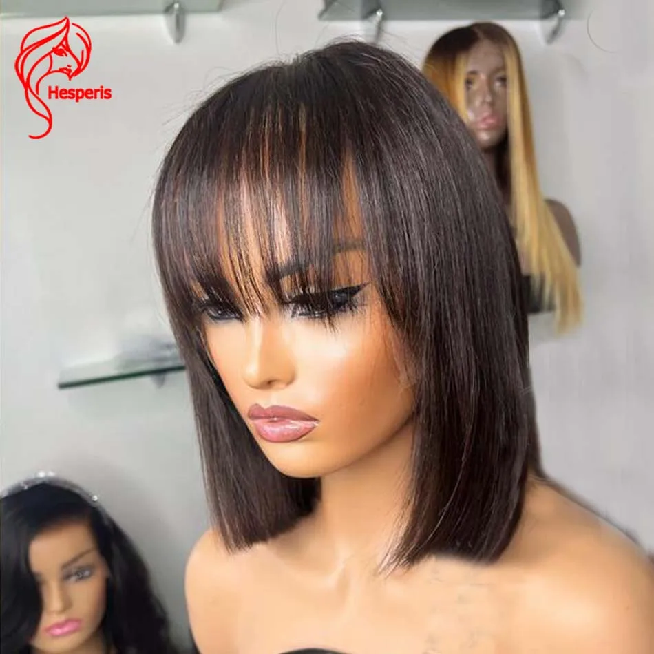 Hesperis Wear And Go Wig Brazilian Remy Short Bob Lace Front Wig With Bangs Human Hair 13X6 Deep Part Bob Cut Wig For Women