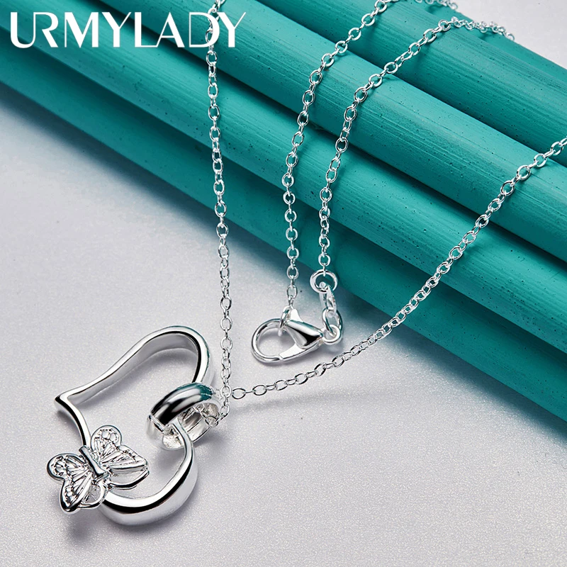 URMYLADY 925 Sterling Silver Heart Frame Butterfly 16/18/20/22/24/26/28/30 Inch Pendant Necklace For Women Party Fashion Jewelry