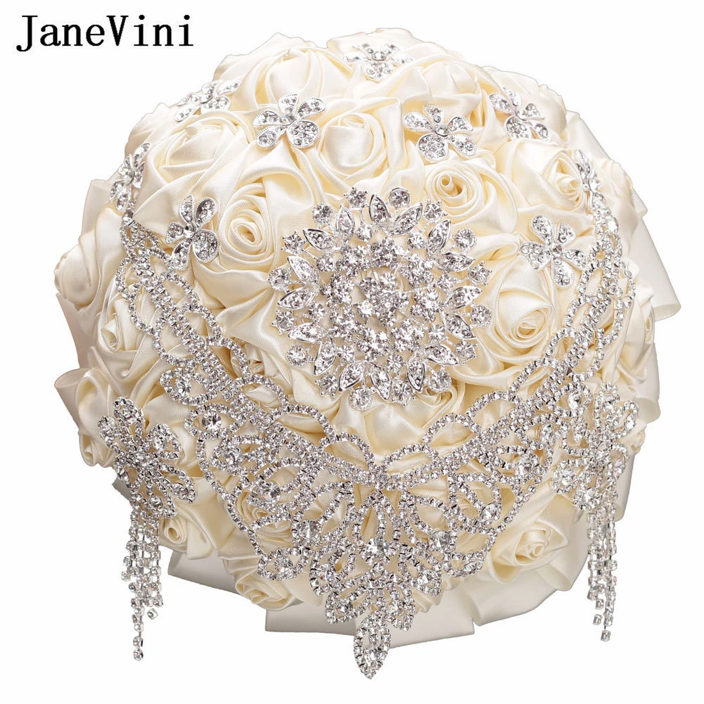 JaneVini Bling Bling Crystal Rhinestones Wedding Bouquets Luxury Ivory/White Bride Holding Flowers Brautstrauß Hochzeit Luxus